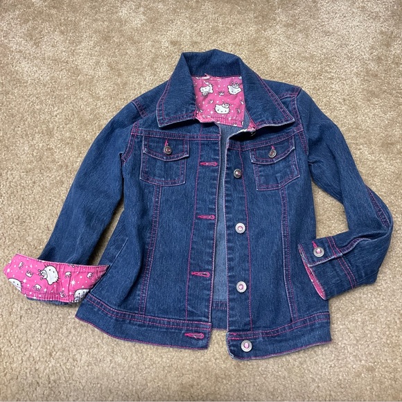 Sanrio Other - Hello Kitty Girls Jean Jacket Sz6 Beaded Kitty On Back Button Front Long Sleeve.